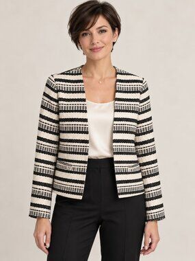 Halogen Black & Ivory Striped Tweed Collarless Jacket. Size Medium
